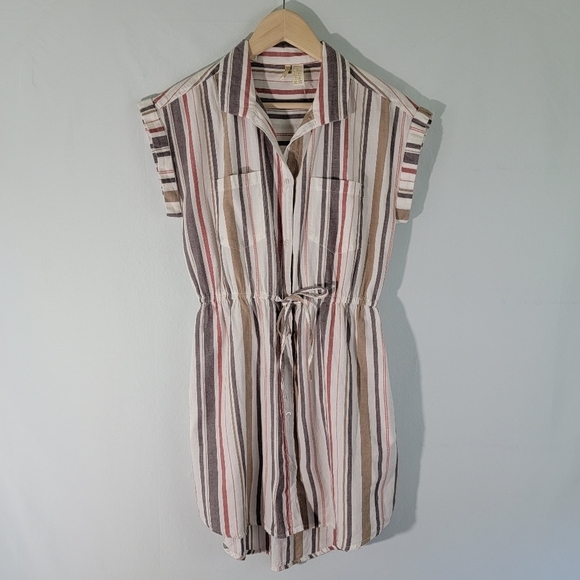 Japna Womens Multi Striped Shirt Dress Sz M Tie Waist Pocket Short Sleeve Woven - Picture 11 of 11